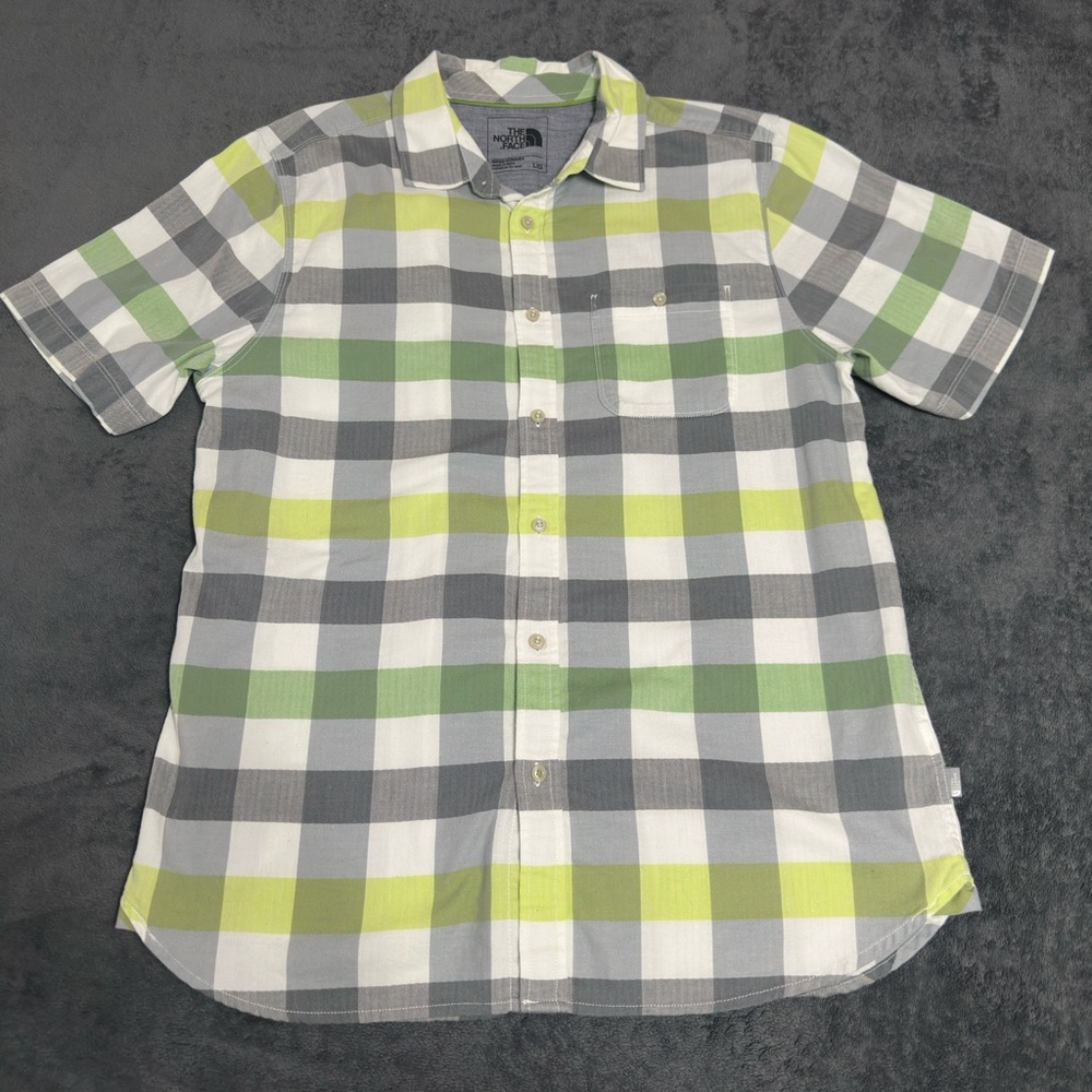 The North Face Men's Casual Plaid Shirt - Gray, White, Lime